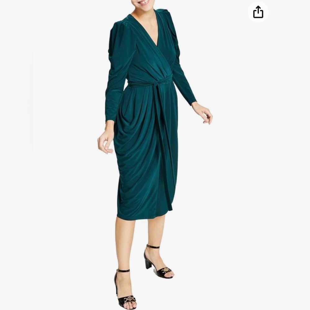 Tommy Hilfiger Womens Green Pleated Midi Work Wear Wrap Dress